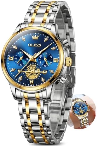 OLEVS Gold Silver Watches for Women Two Tone Luxury Blue Face Womens Watch for Small Wrist Dress Ladies Watches Diamond Analog Chronograph Watch Womens Stainless Steel Waterproof Reloj para Mujer