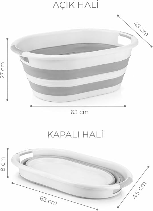 38 Litre Katlanabilir Silikon Çamaşır Sepeti Akordiyon Katlanır Sele Yer Kaplamayan Taşınabilir Ergonomik Kulplu Dayanıklı ve Hafif Depolama Sepeti Banyo ve Ev Kullanımı Kirli Sepeti GRİ, 38 LİTRE)