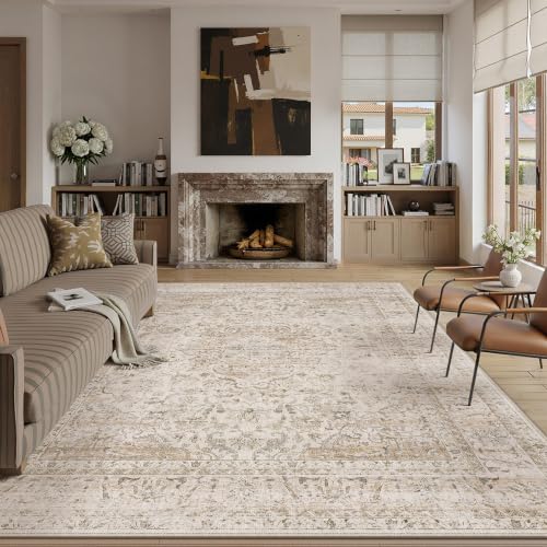 WondRg 8x10 Washable Area Rug Beige Vintage Rug for Living Room