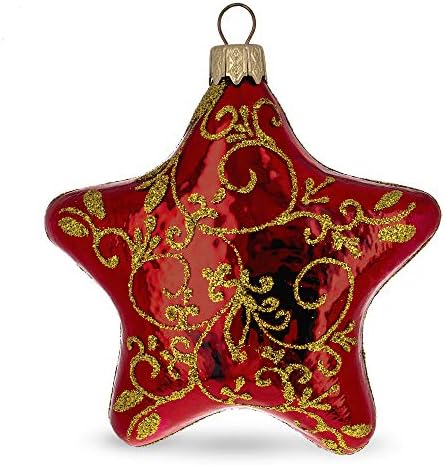 Miniatura 4 de Estrella roja brillante con adorno de Navidad de vidrio con patrón dorado