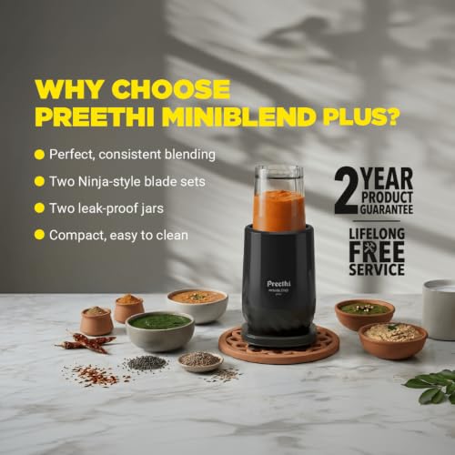 Image of Preethi MiniBlend Plus -Compact Blender & Juicer for Lump Free Purees & Smoothies | 25,000 RPM | 2 Razor sharp Ninja blades | Three Leak-proof Jars with Sipper & Storage Lids | Free Lifelong Service