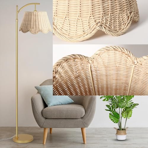 Image of Arc Floor Lamp for Living Room，Rattan Boho Floor Lamp with Hand-Woven Wicker Shade, Foot Switch, Gold /Silvery Metal Base & Pole,Standing Lamp for Bedroom (Gold)
