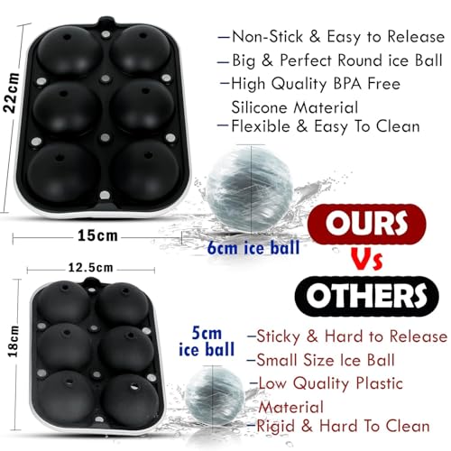 Image of Premium Imported Ice Ball Maker | Silicone 6 Cavity Easy Release 6Cm Round Whiskey Mould with Lid & Funnel for Cocktail & Bourbon - (Color-Black, Weight-300Grams) (Black, Standard, Round)