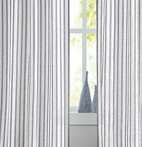 Randall Stripe Farmhouse Window Curtain Panels Linen Rustic Yarn Dyed Heavy Semi Sheer Drapes For Living Room Window Treatment Sets, 40"X63"X2, Navy/Dark Blue #TOP1