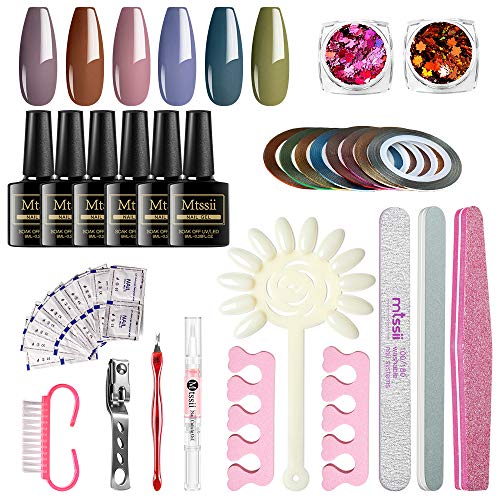 MTSSII 6 Colors Gel Nail Polish Start Kit with 2 Boxes Nail Glitter Sequin, 8pcs Nail Foil and Upgrade Manicure Tools Set