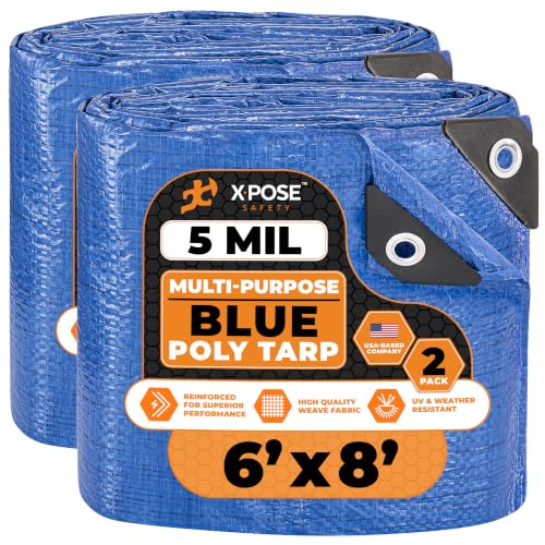 Image of Better Blue Poly Tarp 6' x 8' (2-Pack) - Multipurpose Protective Cover - Lightweight, Durable, Waterproof, Weather Proof - 5 Mil Thick Polyethylene - by Xpose Safety