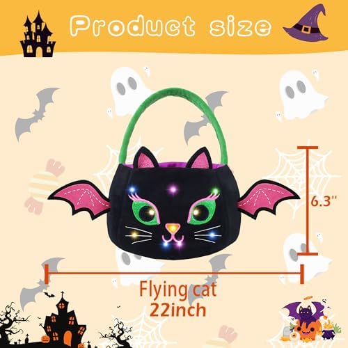 Dia 55.9cm(22인치) 플러시 할로윈 고양이 바구니 트릭 오어 트릿 가방, 날개가 달린 할로윈 캔디 버킷, 아동용 다채로운 LED 조명이 있는 할로윈 캔디 버킷, 할로윈 선물 버킷 — 사진 2