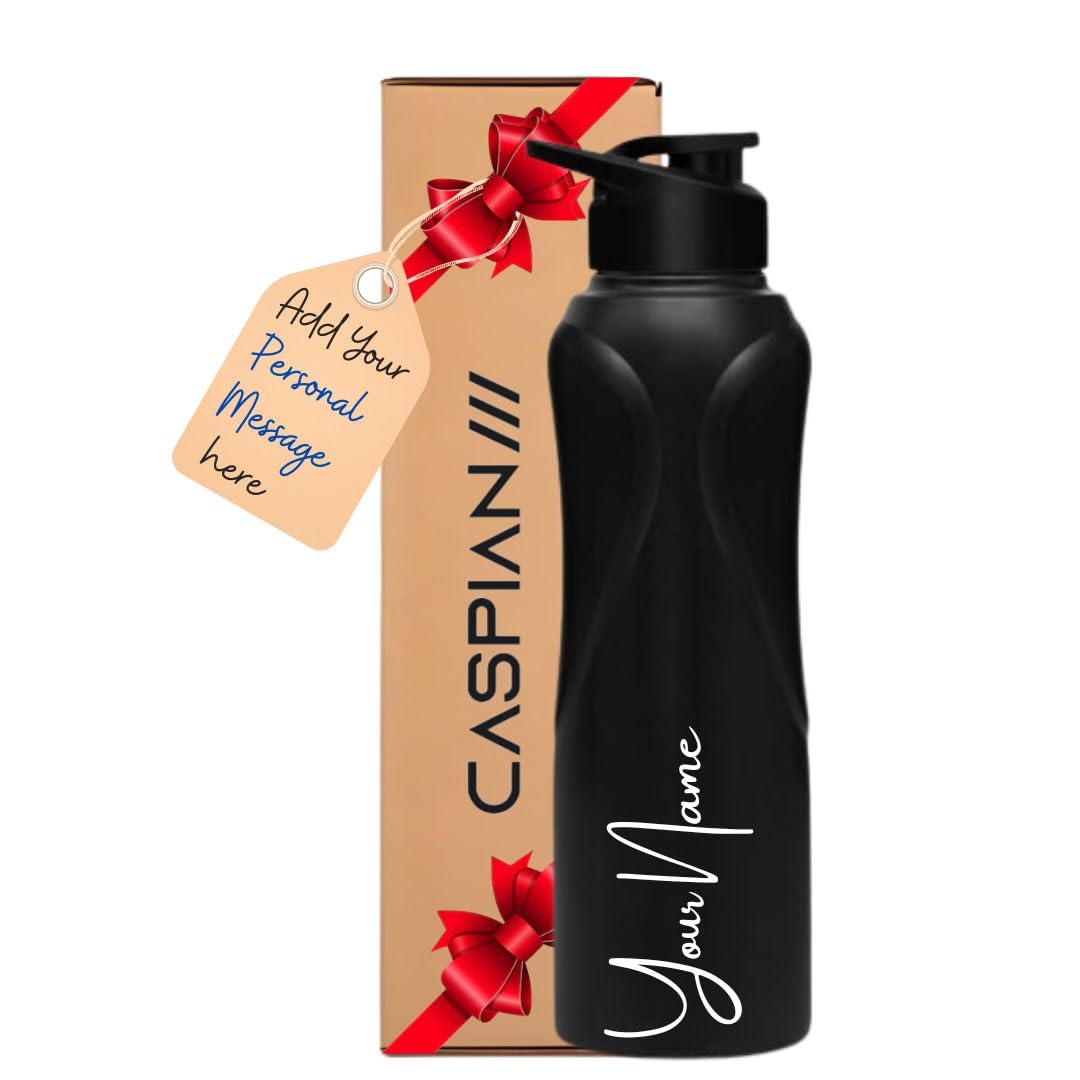 CASPIAN /// Rise Customised Stainless Steel Water Bottle 1L, Black with Logo Print - Personalised Water Bottle with Your Name Print for Kids Boys Girls School Office Gym- Perfect for Corporate Gifting