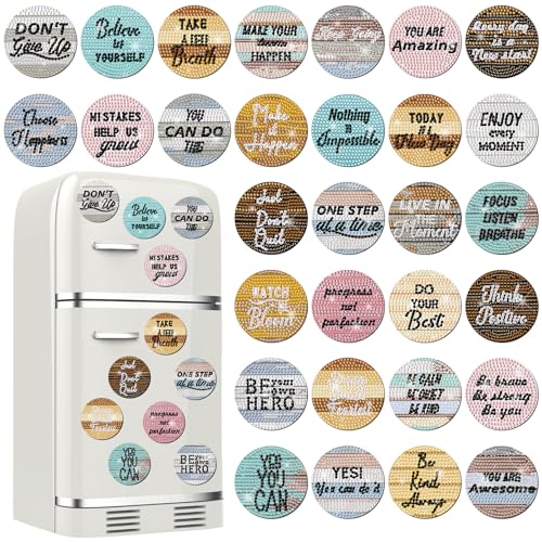 Motipuns 30 Pcs Inspirational Diamond Art Kits Magnetic Motivational Diamond Painting Magnets Kits Positive Affirmation 5d DIY Art Fridge Magnet Refrigerator Sticker for Adult Beginner Home Car Garage