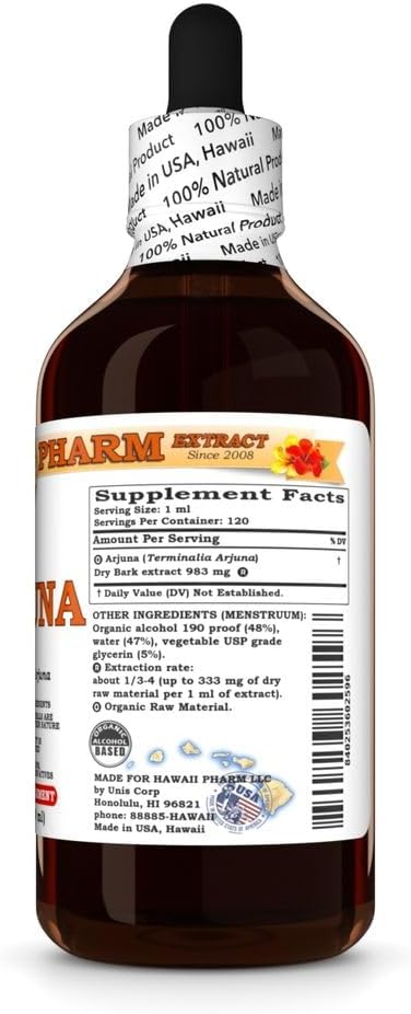 Arjuna (Terminalia Arjuna) Dry Bark Tincture, Made in Hawaii, Raw Materials, All Natural, Vegan, Pure Liquid Extract - 4 fl.oz