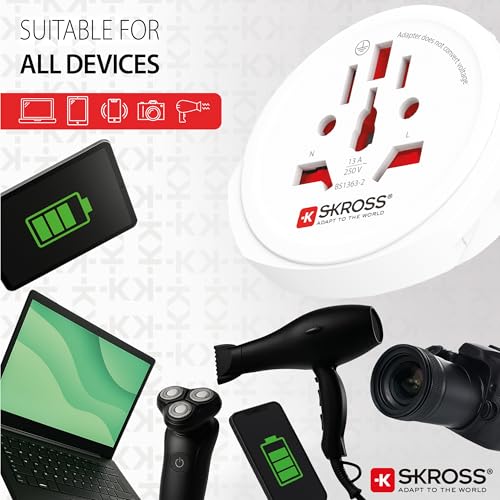 SKROSS World to UK adapter podróżny – uniwersalny adapter gniazdkowy ze świata na UK typ G, 7 A, 100-250 V, do laptopa, suszarki do włosów i elektroniki – kompaktowy i bezpieczny