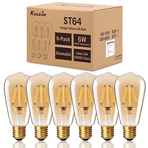 Dimmable Vintage Edison LED Light Bulb, KEDSUM 6W ST64 Edison Bulbs, 2200K Warm White, 350LM, 8 LED Filament Save Energy, Gold Plated Glass and E26 Nickel Plated Shell Base, 60W Equivalent