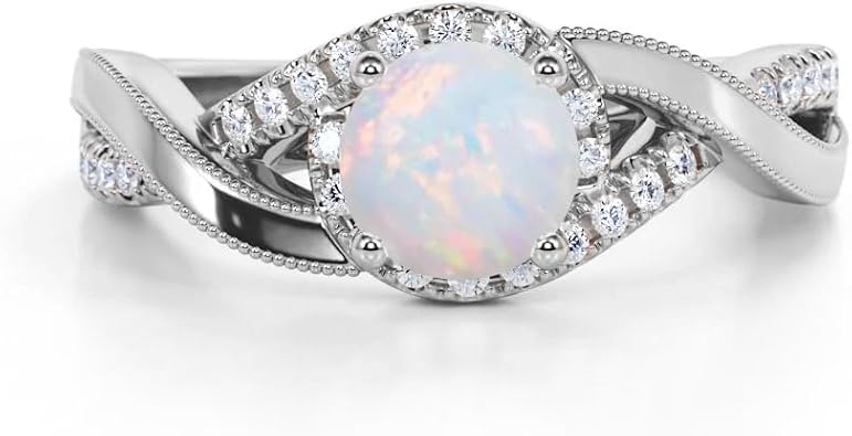 YDD Opal Rings for Women Opal and Moissanite Engagement Rings for Women 10K 14K 18K White/Yellow/Rose Gold Opal Engagement Wedding Ring October Birthstone Ring Anniversary Promise Ring Free Engraved