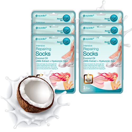Epielle Intensive Repairing Foot Masks, 6 Pairs Moisturizing Socks for Dry, Cracked Feet, Hydrate and Repair Skin with Coconut Oil and Milk Extract, Korean Skincare, Easter Gifts, Mother’s Day Gifts