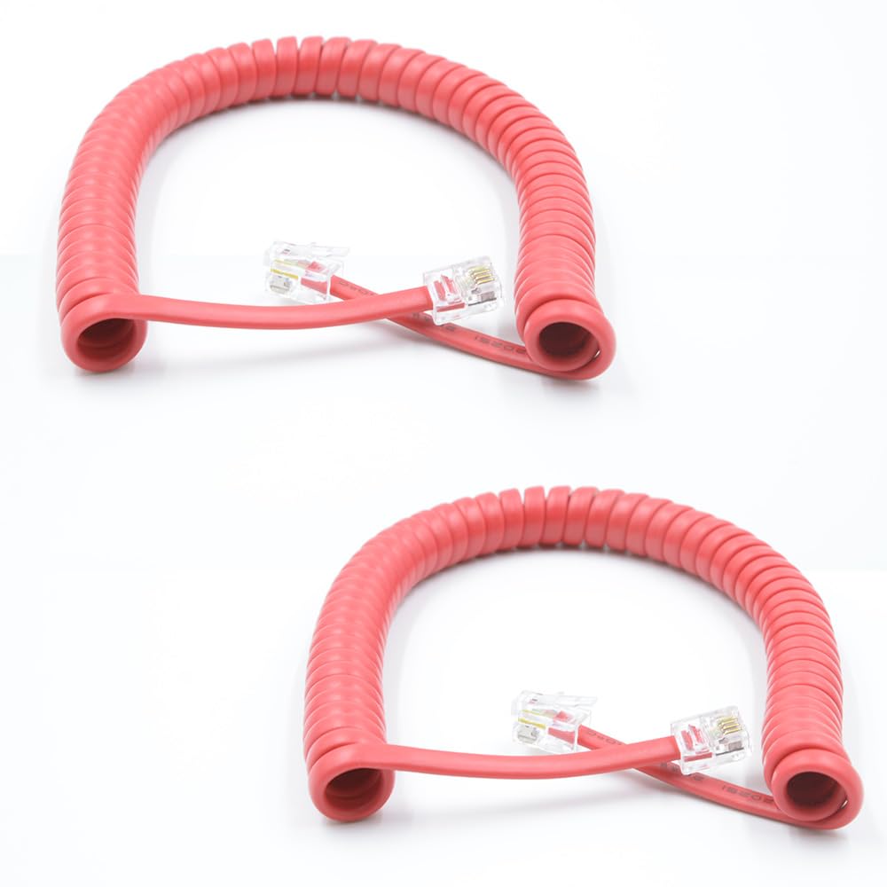 Cables de teléfono sin enrollar de 6.5 pies (enrollados de 1 pie) con conectores RJ9 4P4C para teléfono fijo, rojo, paquete de 2, compatibles universalmente, AV04904