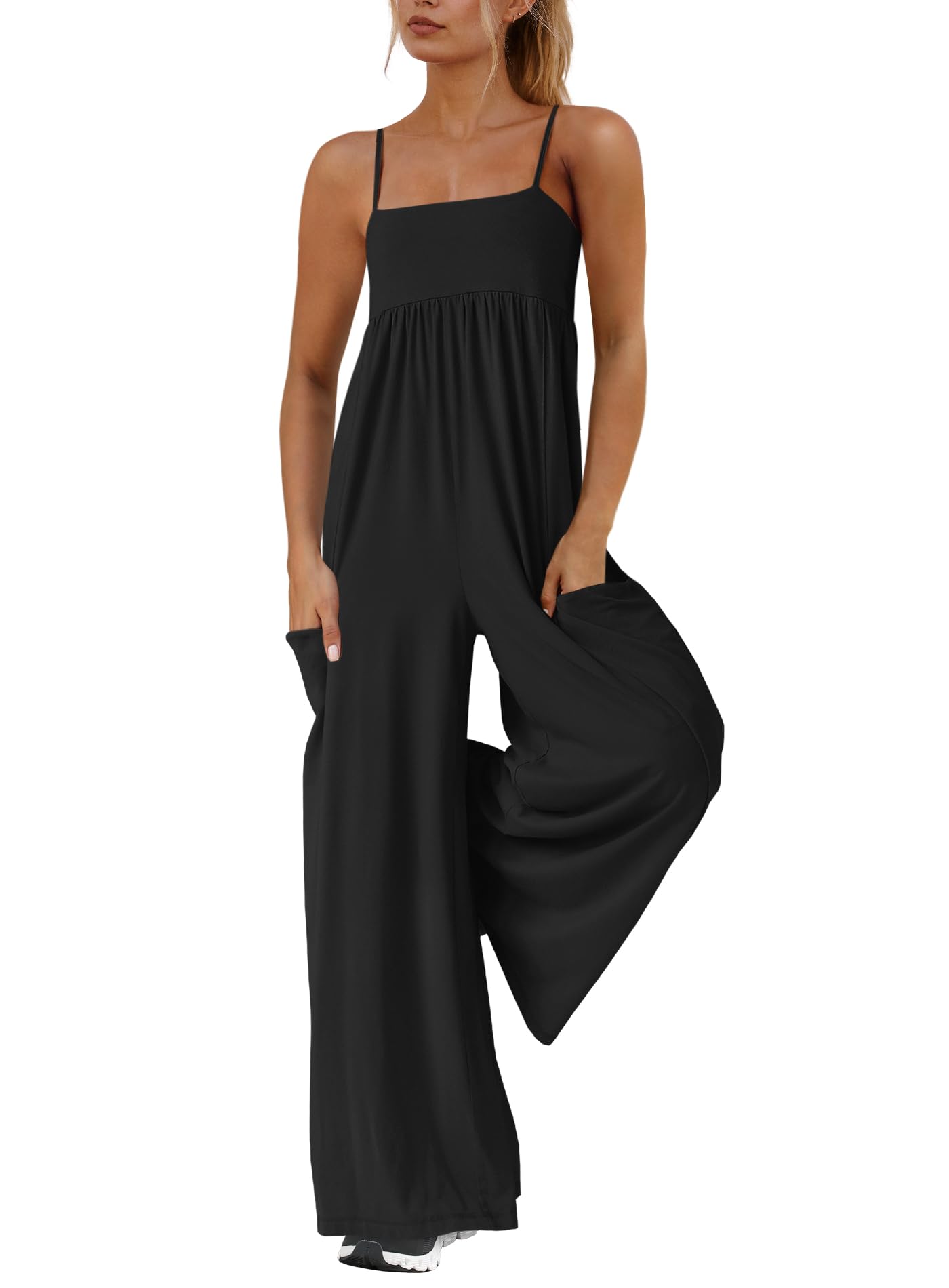 Photo 1 of Yanekop Womens Overalls Loose Fit One Piece Jumpsuits Wide Leg Jumpsuits Spaghetti Strap Summer Jumpsuit with Pockets(Black,S)