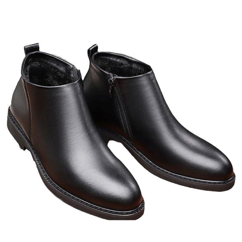 Men's Pointed Toe Leather Shoes Men Boots Side Zipper Lightweight Warm Shoes Anti-Slip Standard Size Polished Finish Business Casual Dress Shoes