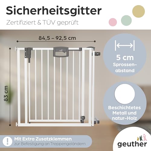 Geuther Treppenschutzgitter Easylock Plus | Türschutzgitter ohne Bohren inkl Klemmen | Breite 84,5-92,5 cm | Türgitter Baby Holz-Metall | Kinderschutzgitter beidseitig öffnend | Kindersicherung | Weiß