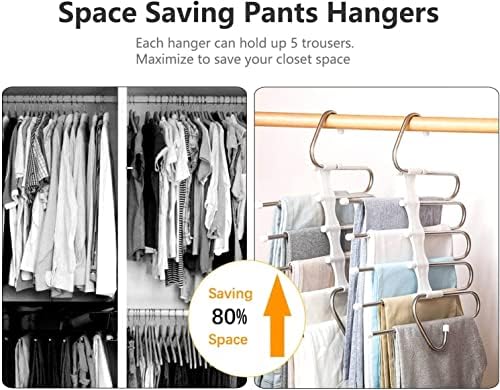 2Pack 4Pack Trouser Hanger Space Saving 5 In 1 Stainless Steel Magic Pants Hangers Space Saver for Trousers Jeans Scarves Wardrobe Closet Organizer (2 Packs)