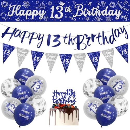 Boys 13th Birthday Decorations Blue Silver 13th Birthday Party Decorations 16 Pack Navy Silver Boy Banner Bunting Kit by Sheinly