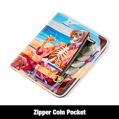 Image of Rouidr Womens Wallet, RFID Small Slim Wallet for Women, Cute Bifold Leather Pocket Credit Card Holder Ladies Mini Purse with Zipper Coin Pocket & ID Window, Beach Skull