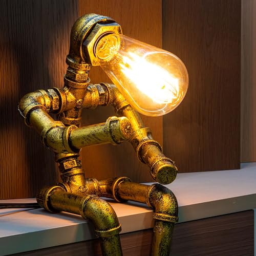 Image of Steampunk Table Lamp, Vintage Industrial Metal Robot Table lamp, Water Pipe Table Lamp, Steam Punk Pipe Lamp Style Desktop Light for Bar Cafe Desktop Room Decoration