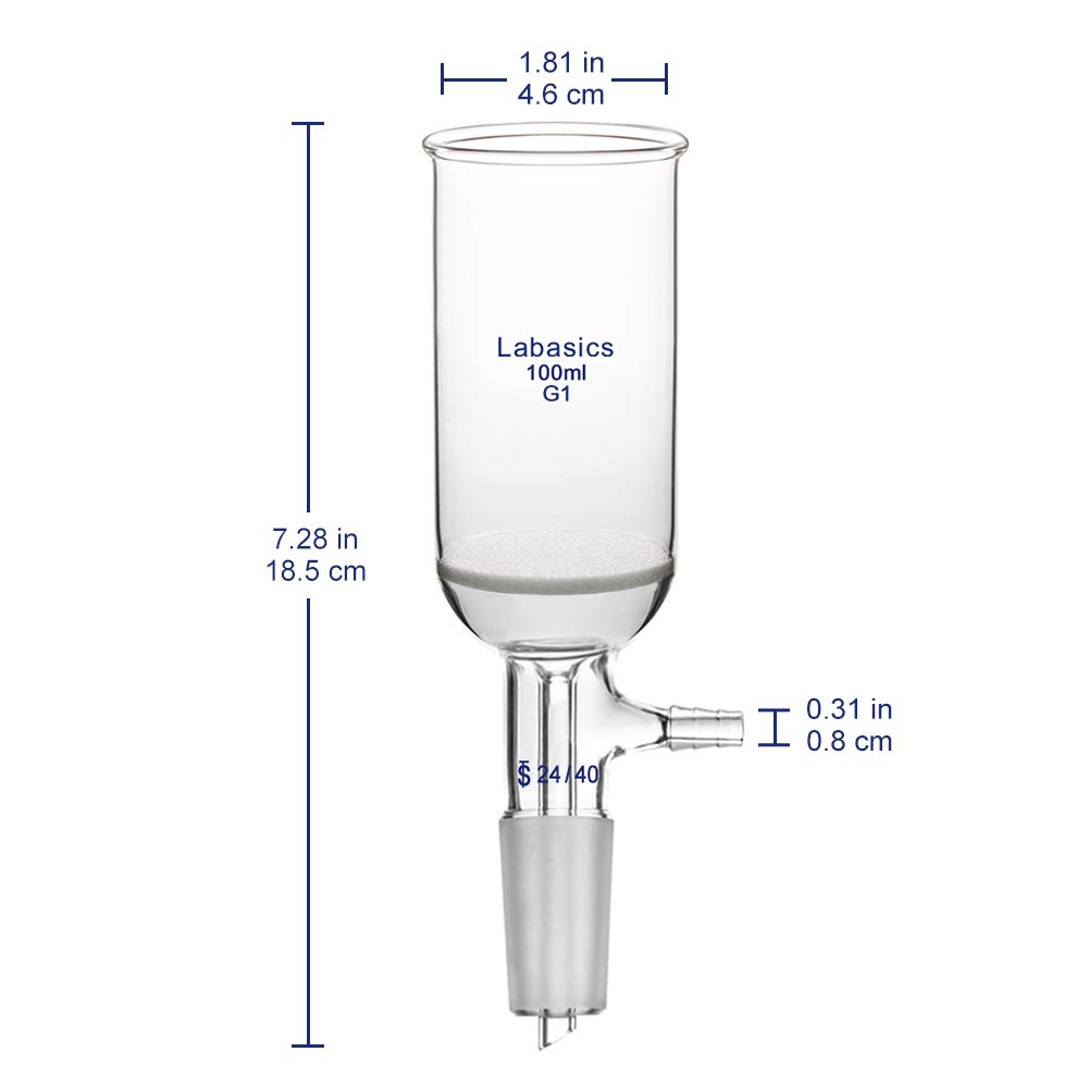 Labasics Borosilikat Glas Büchner Filtertrichter mit Grob Fritte (G1), 46mm I.D, 80mm Tiefe, Buchner Filtering Funnel mit 24/40 Standard Taper Innengelenk und Vakuumverzahnte Tubulation (100ml)
