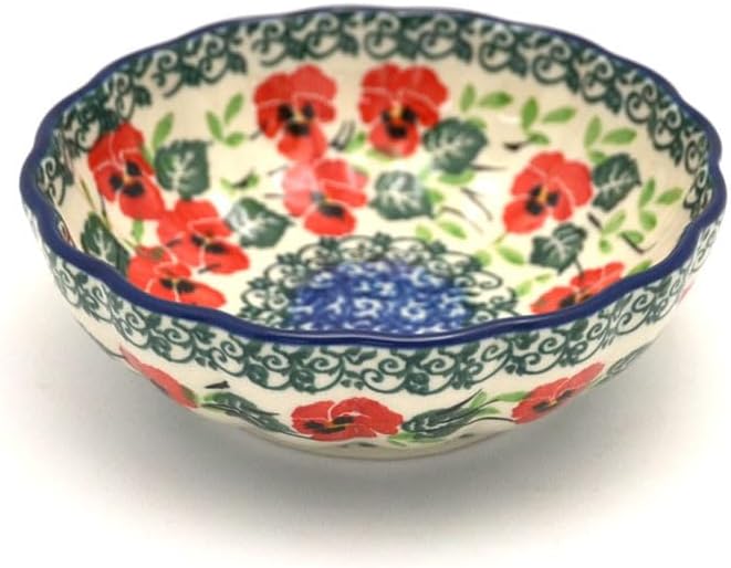 Polish Pottery Bowl - Shallow Scalloped - Small - Red Pansy