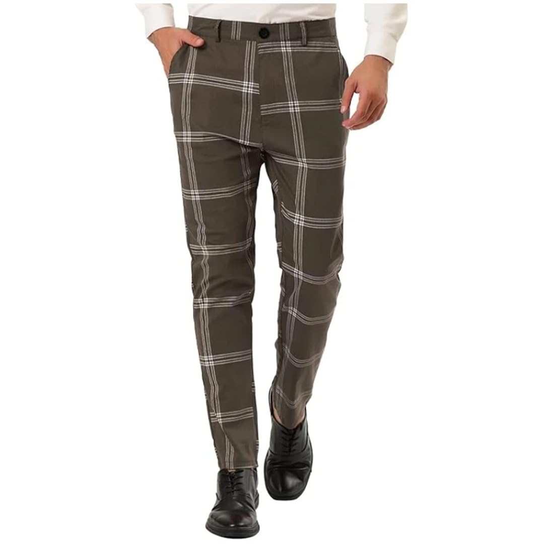 Pantalones de vestir ajustados a cuadros para hombre con parte delantera plana, tela elástica, cintura ajustable, pantalones de negocios