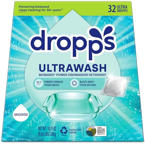 Dropps UltraWash Dishwasher Pods, Unscented (32 Count) - Biobased Power Deep Clean Dishwasher Detergent Tablets for Sparkling Shiny Dishes - No Rinse Aid or Pre-Wash Needed - Dishwashing Pods