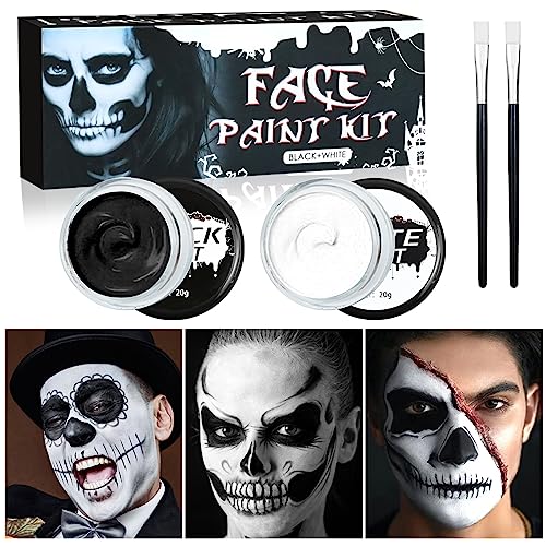 FORMIZON Maquilhagem preto e branco, 20 g x 2 peças pintura facial e corporal, Halloween kit de maquilhagem com pincéis, para Halloween carnaval festas temáticas vampiro palhaço fantasmas cosplay