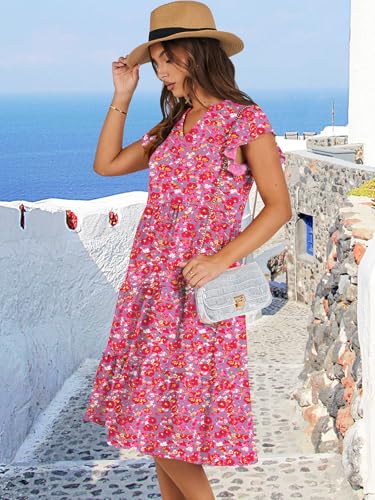 Anrabess Womens Summer Ruffle Sleeve V Neck Floral Print Midi Dress 2024 Fashion Casual Fit Flowy Tiered Boho Beach Vacation Sundress Red Floral-M thumb #2