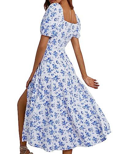 Image of SPRIME Women's Floral Summer Casual Dress Square Neck Puff Sleeve Boho Midi Dresses Ruched Bust High Waist Split Long Dress