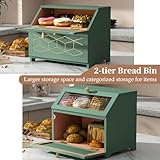 MROJISC Green Bread Bin, Wooden Bread Bin Double Layer with Transparent Window, Large Breadbox Bread Bins for Kitchen Countertop Food Storage - Image 2
