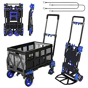 Folding Hand Truck Dolly with Folding Basket, 330LBS Capacity Carts with Wheels 2 in 1 Platform Truck, Push Cart Dolly with 4 Wheels and Retractable Handle