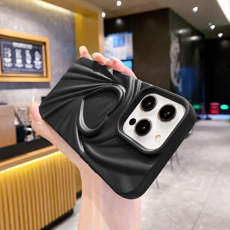 Image of COVERLY Heart Shape Design Back Case Cover for iPhone 15 Pro Max | Hot 3D Embossed Wrinkle Cute Silk Pattern | Love Trendy Matte TPU | Soft Silicone Fashion Aesthetic Cover for Girls & Women (Black)