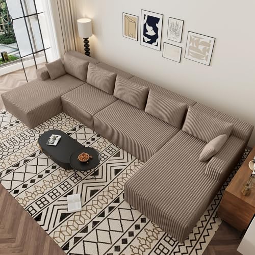 Image of 160 inch U-Shape Cloud Couch, Modern Modular Sectional U-Shape Sofa, Corduroy Boneless Couch Upholstered Couches Deep Seat Sleeper Chaise Longue for Living Room, No Assembly Required,Camel