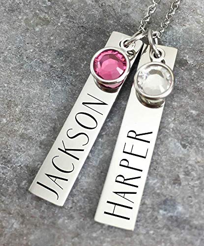 Valentines Day Gift - Personalized Mothers Day Bar Necklace - Layered Kids Name Pendants - Birthstone Crystals - Personalized Custom Mommy Jewelry - Grandma Nana Mom