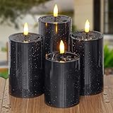 Mavandes Solar Powered Waterproof Flameless Pillar Candles with Candle Grease, Flickering Dusk to Dawn Battery Operated Pack of 4 Black Plastic LED Outdoor Lighting Halloween (3" x 4" 5" 5" 6")
