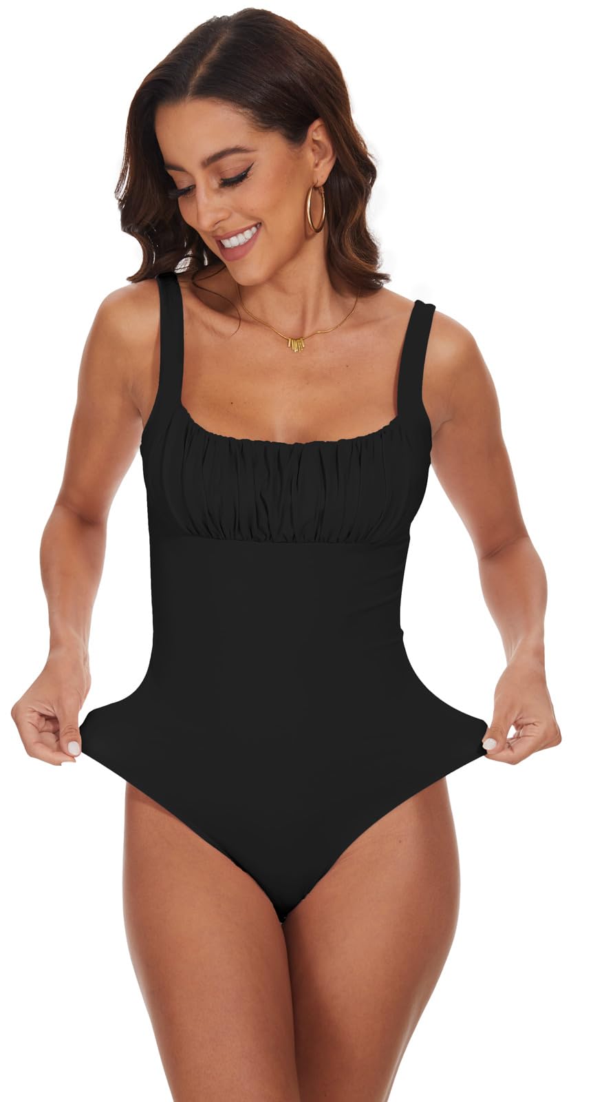 BEJONS Body sexy de cuello cuadrado fruncido sin mangas con doble forro para mujer, Negro -, Large