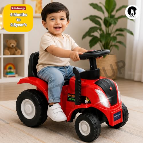 Image of Little Pup Kids Ride On Tractor Toy with Music & Horn, Steering Wheel, Comfortable Backrest, Wide Footrest & Sturdy Wheels for Boys & Girls