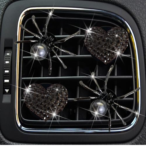 Image of 4 Pcs Black Bling Spider and Heart Car Air Fresheners Vent Clips Diffuser Vent Clip Rhinestone Diamond Decoration Car Interior Decor Cute Accessories for Women, Automotive Air Fresheners