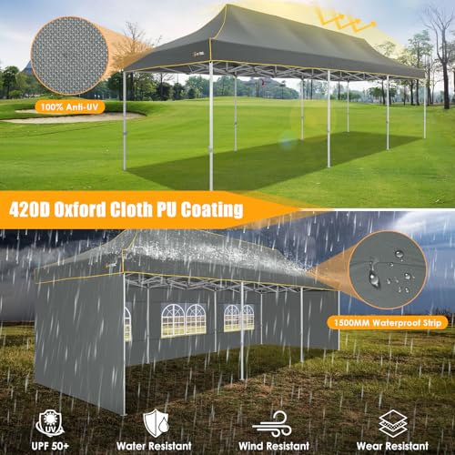 Image of HOTEEL 10x30 Heavy Duty Pop Up Canopy Tent with 5 Sidewalls&Wheeled Bag, Commercial Event Party Tent Wedding Instant Canopy Waterproof, Upgraded Thicked Hexagonal Legs, UV 50+, Gray
