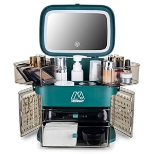 Luxury Cosmetic Beauty and Makeup Organizer and Storage with LED Light Cosmetics Organizer Box for Countertop with Lid, Drawers & handle, Portable Cosmetics Skincare Organizers Box (Green)