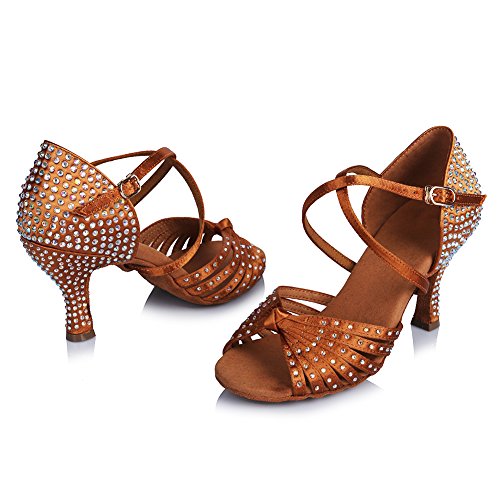 HROYL Women Latin Dance Shoes with Knot Rhinestones Salsa Bachata Cha Cha Ballroom Performence Dancing Shoes AF4594