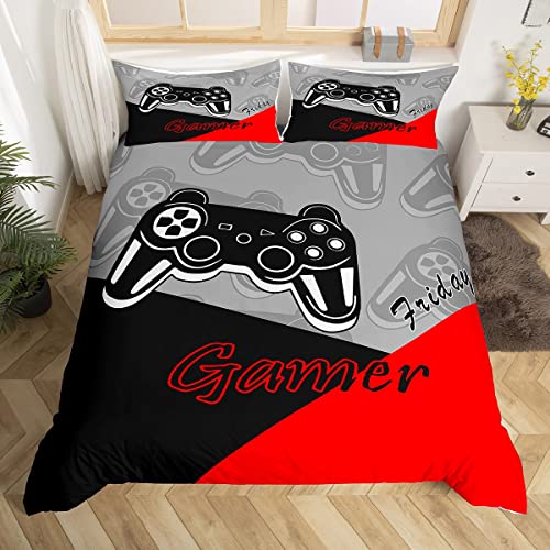 Loussiesd Gamer Bedding Set for Boys Teens Game Duvet Cover,Video Game Home Decor Player Gaming Comforter Cover Set Kids Toddler 2 Pieces 1 Duvet Cover with 1 Pillowcases Black Red Grey (Single)