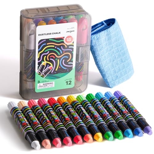 Jar Melo Dustless Chalk for Kids, 12 PCS Sidewalk Chalk Set with Holder, Washable and Non-Toxic, Colored Chalk for Chalkboard, Easy Grip Jumbo for Sidewalk Drawing, Blackboard, Outdoor Art Play 3+