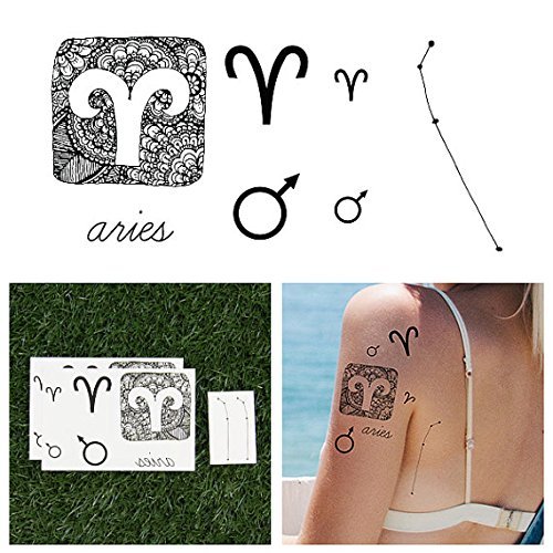 Tattify Astrology Temporary Tattoos - Aries (Set of 14 Tattoos - 2 of each Style) - Individual Styles Available - Fashionable Temporary Tattoos