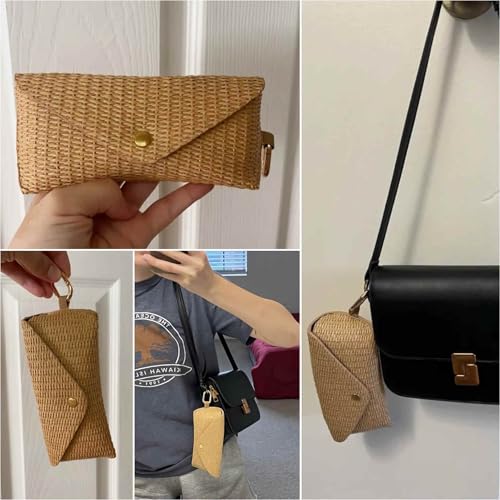 Image of Woven Straw Sunglasses Case, Boho Rattan Soft Bag Eyeglass Travel Glasses Case Hard Shell With Clip Hook, Protective Key Chain Organizer Storage Holder Pouch For Women Men Fashion Accessories Vacation