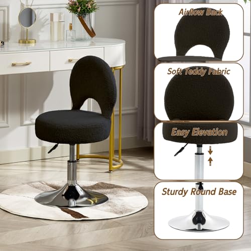 Image of Adjustable Small Vanity Stool Chair with Folding Back for Teenager | 360 Swivel Vanity Chair for Makeup | Teddy Fabric Ottoman Stool for Bedroom Living Room | Small | Black